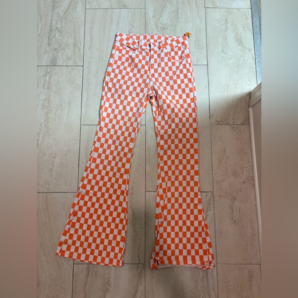 Women’s Orange Checkered Flared Jeans Retro Tennessee Vols Football size 6